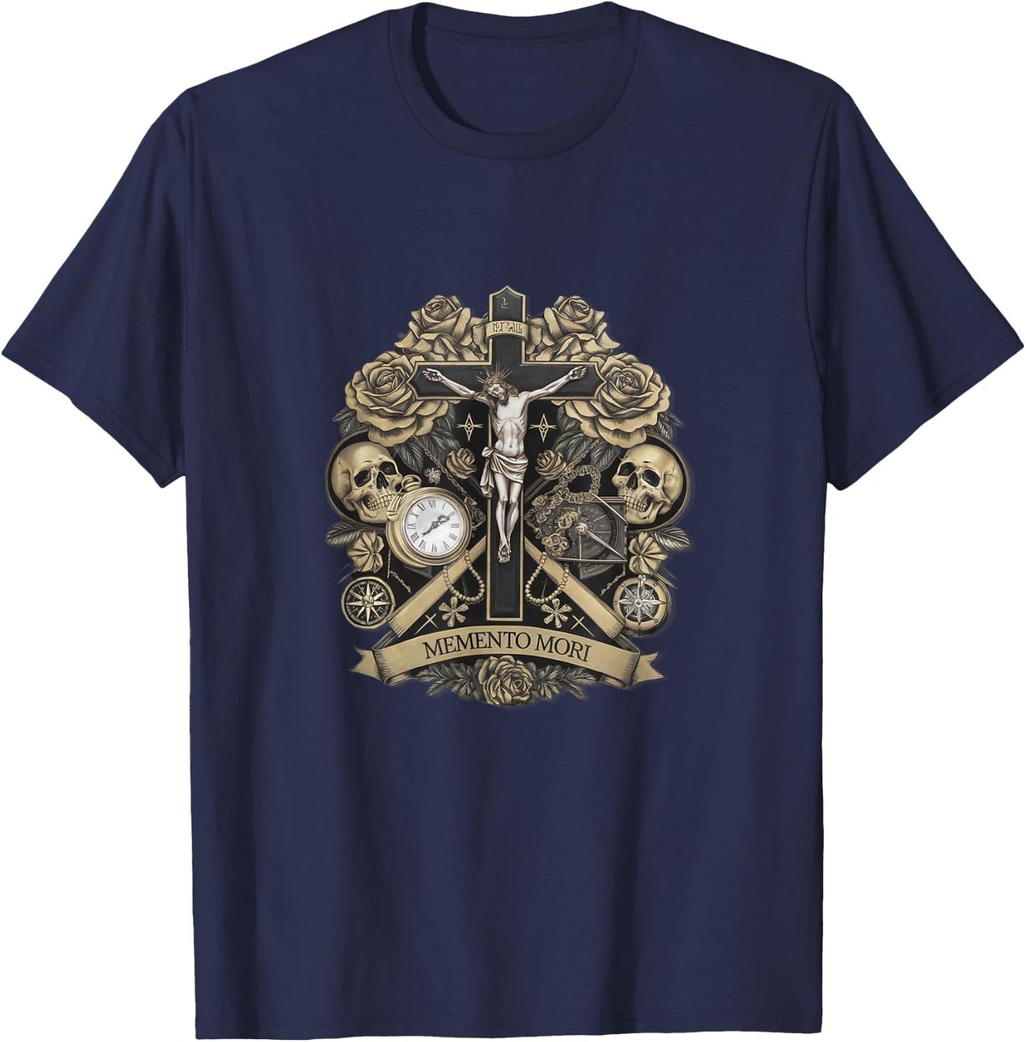 Memento Mori Catholic Crucifix Traditional Latin Mass Skull T-Shirt - T-Shirt | Navy
