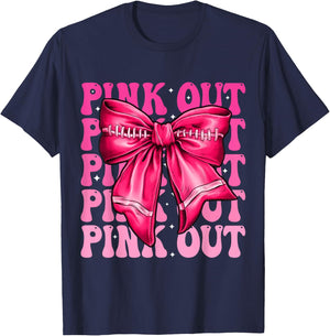 Pink Out Breast Cancer Football Coquette Bow Mom Girls Women T-Shirt - T-Shirt | Navy