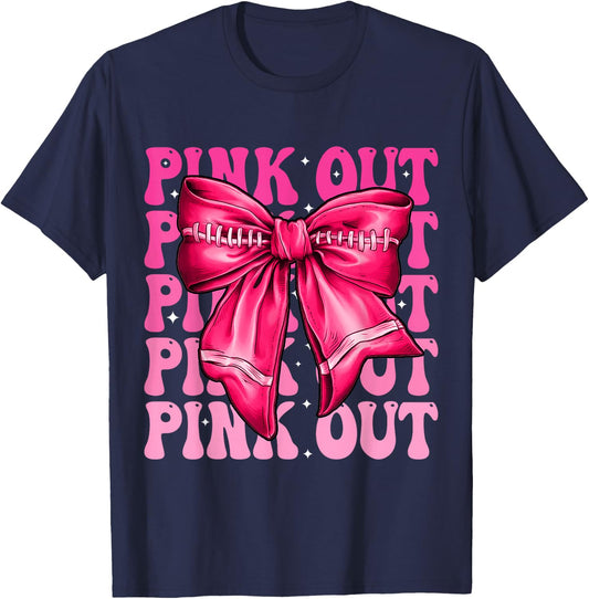 Pink Out Breast Cancer Football Coquette Bow Mom Girls Women T-Shirt - T-Shirt | Navy