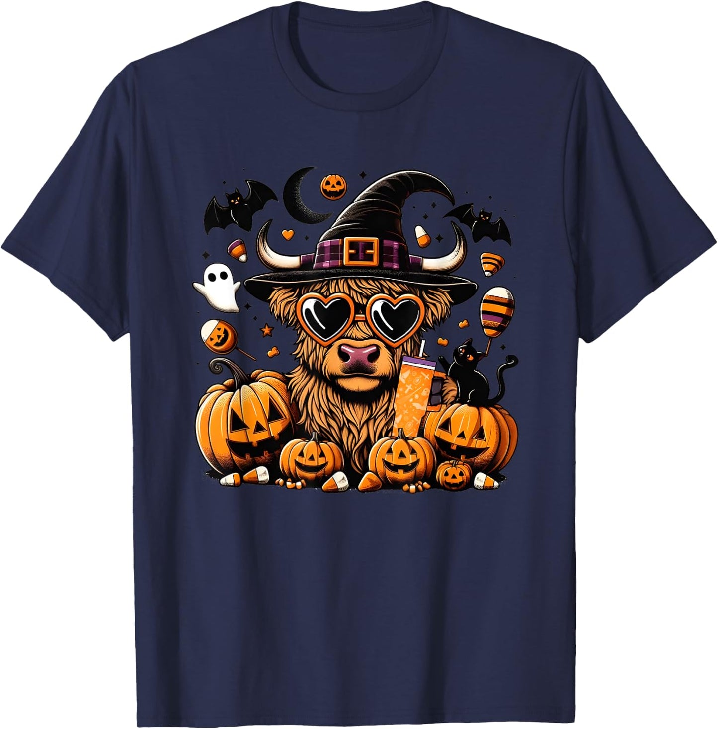Halloween Highland Cow Bull Halloween Ghost Cows Spooky T-Shirt - T-Shirt | Navy