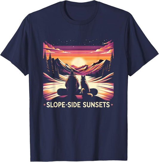 Slope-side Sunsets - Tranquil Snowboarding Dog T-Shirt - T-Shirt | Navy