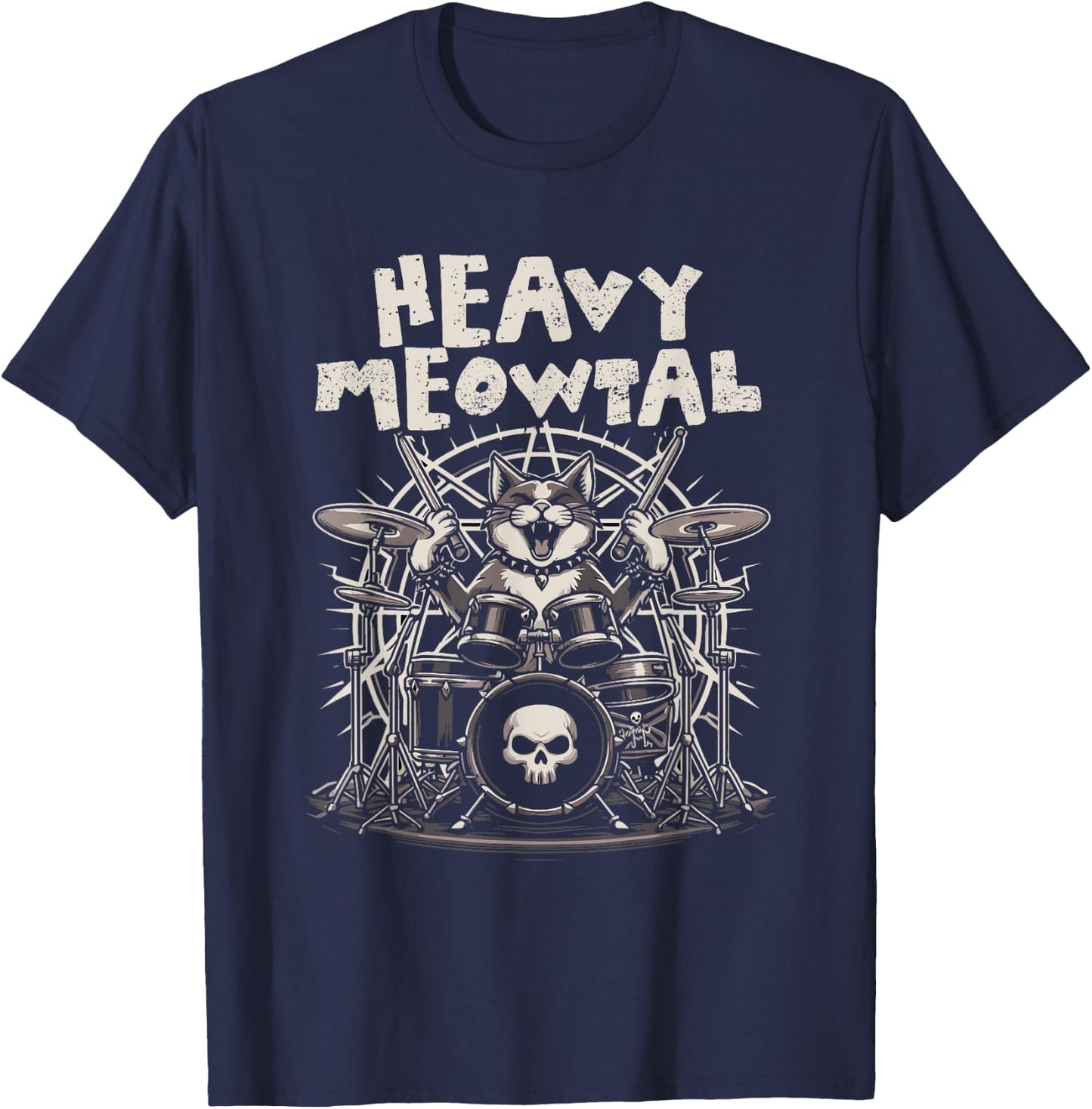 Heavy Meowtal Funny Cat Playing Drums Drummer Cat Meow Men Women Girls Kids T-Shirt - T-Shirt | Navy