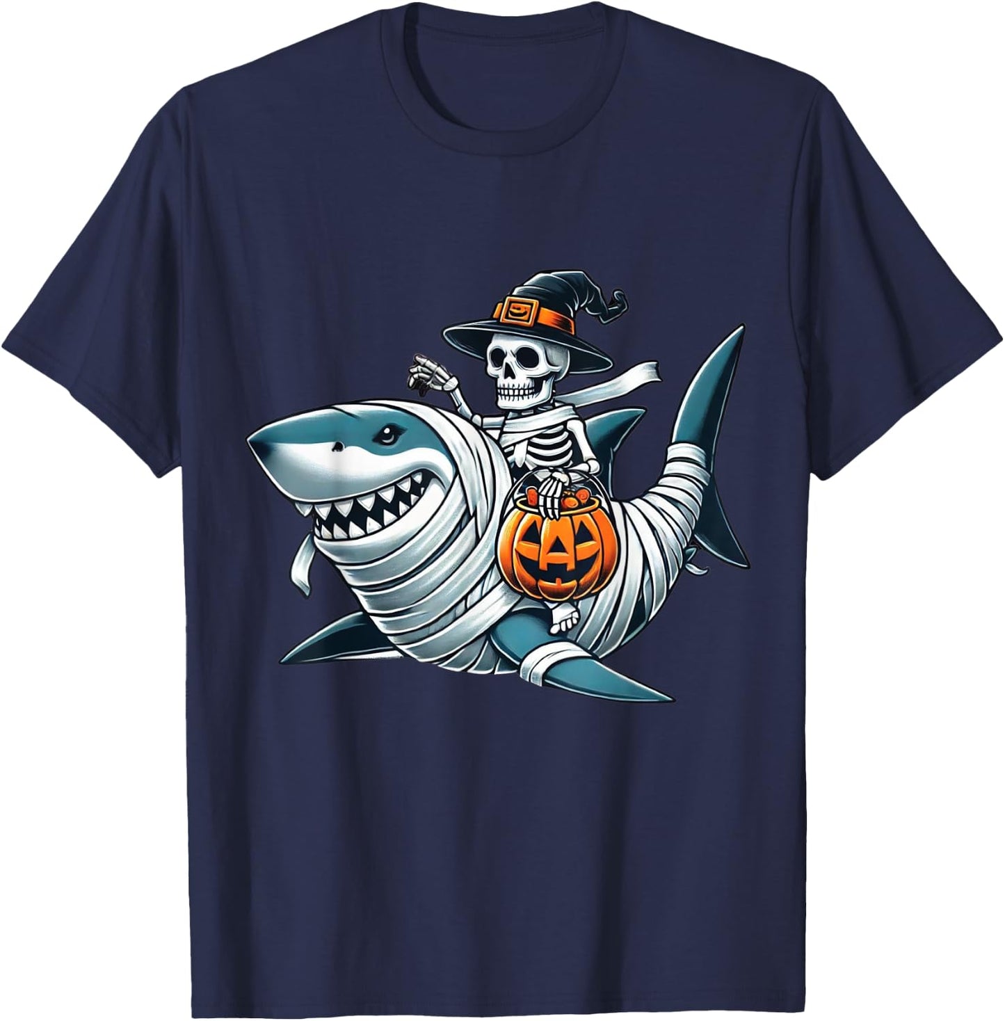 Skeleton Riding Shark Funny Halloween Pumpkin Boys Kids T-Shirt - T-Shirt | Navy