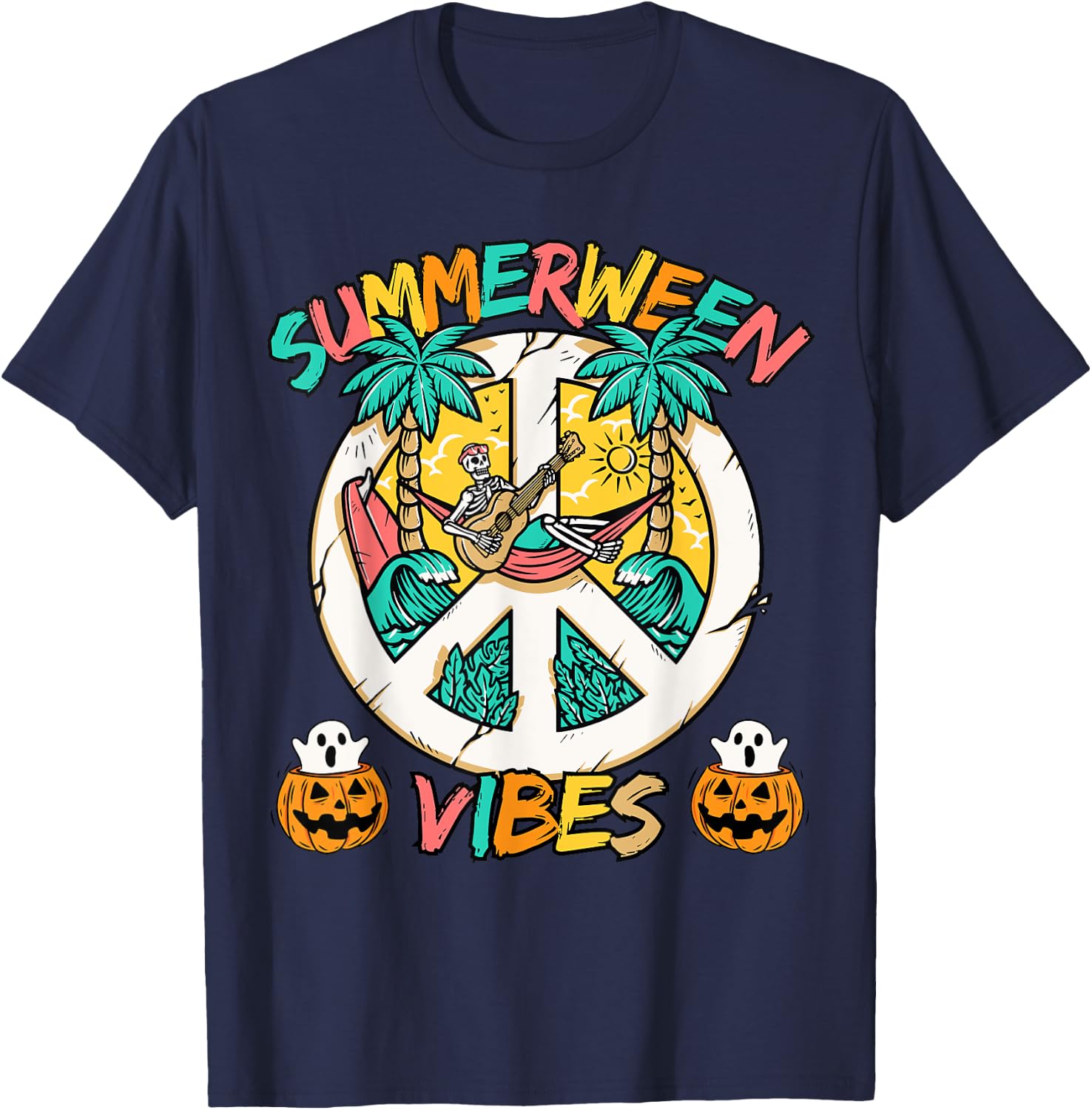 Summerween skeleton chill out at the Beach with summer vibes T-Shirt - T-Shirt | Navy