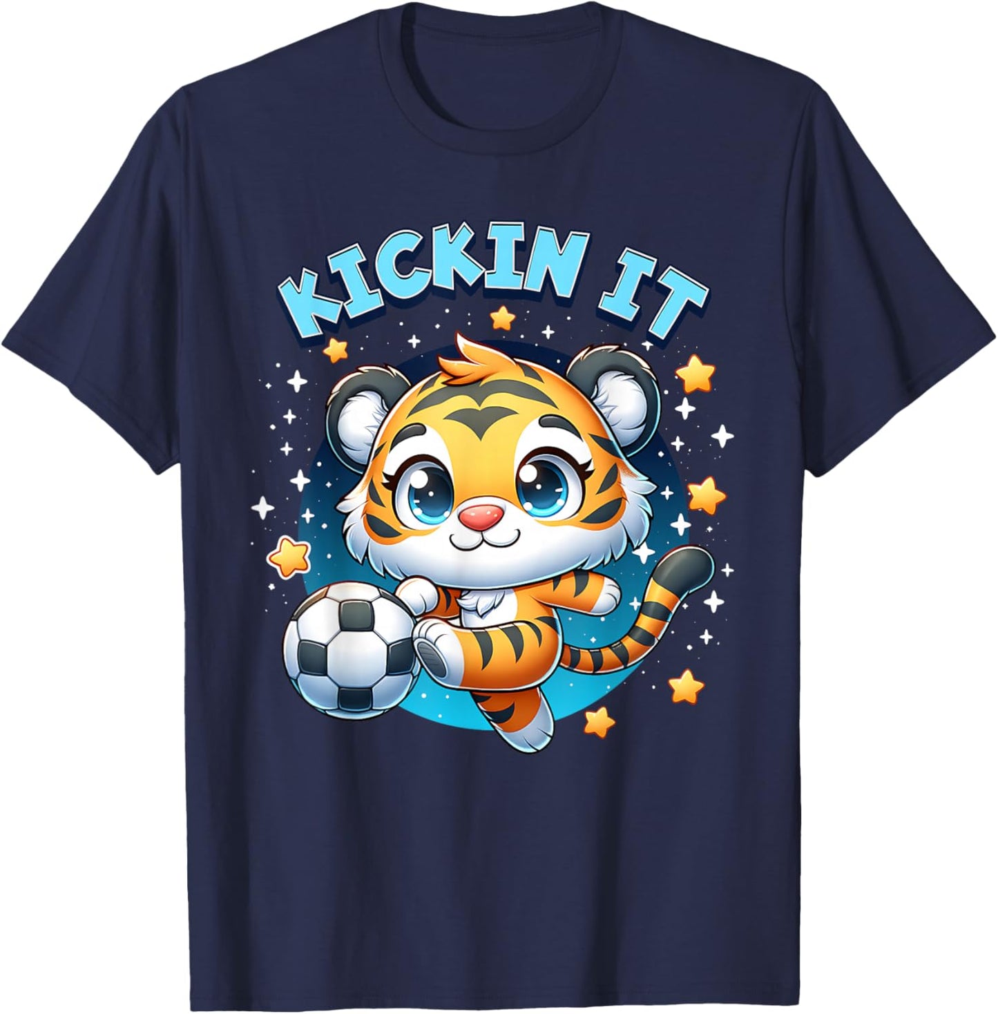 Kickin It Tiger Playing Soccer Kicking Ball Player Girl Boy T-Shirt - T-Shirt | Navy