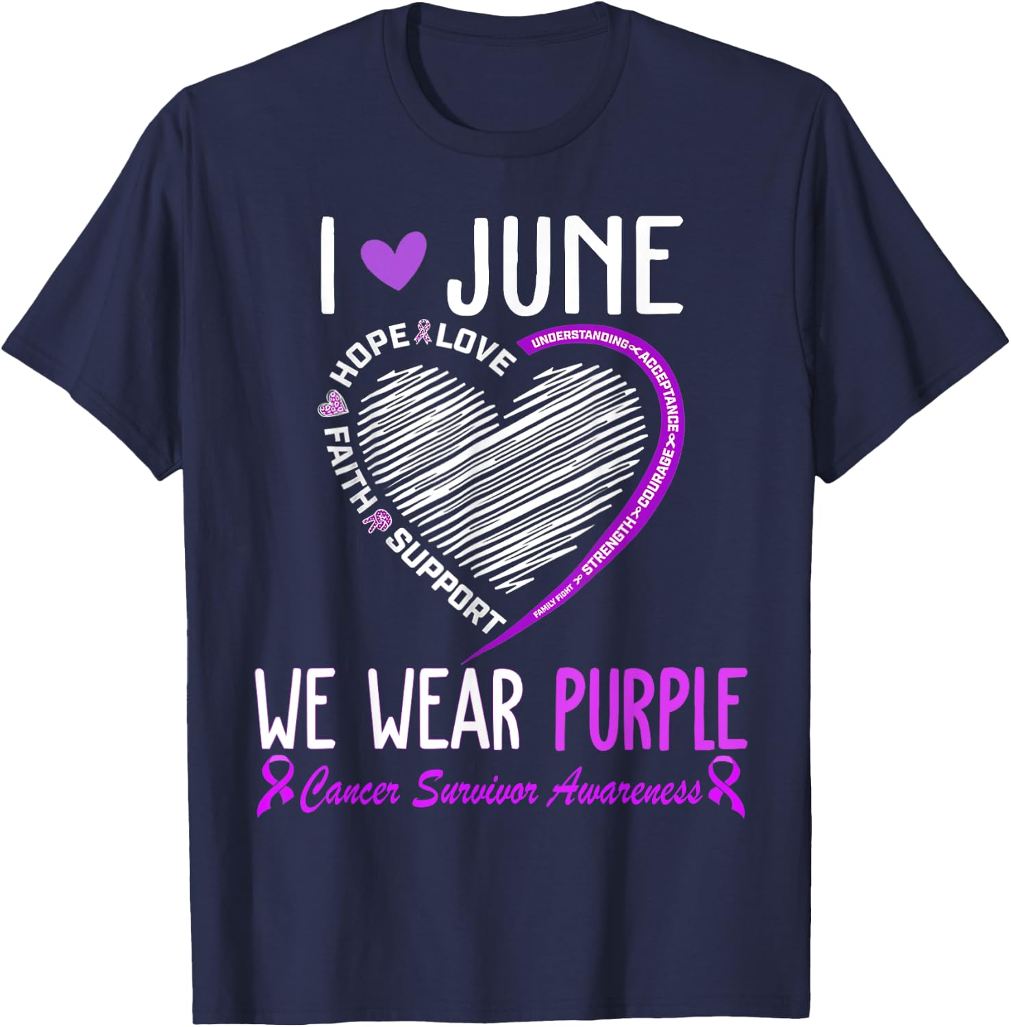 In June We Wear Purple Cancer Survivor Awareness Heart T-Shirt - T-Shirt | Navy