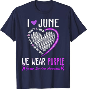 In June We Wear Purple Cancer Survivor Awareness Heart T-Shirt - T-Shirt | Navy