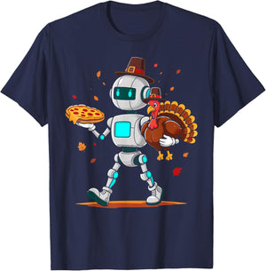 Robot holding turkey pizza thanksgiving fall kids men women T-Shirt - T-Shirt | Navy