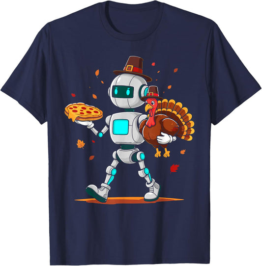 Robot holding turkey pizza thanksgiving fall kids men women T-Shirt - T-Shirt | Navy