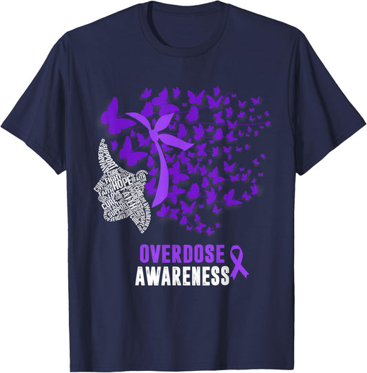 Overdose Awareness Month Butterfly Purple Ribbon T-Shirt - T-Shirt | Navy