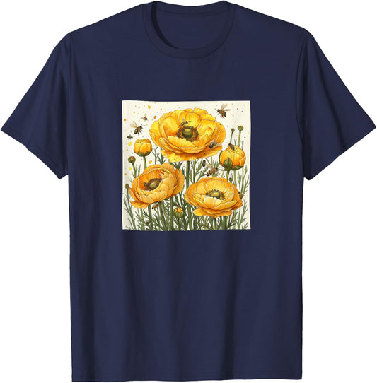 Ranunculus Flower Blooming With Bees Around Graphic T-Shirt - T-Shirt | Navy