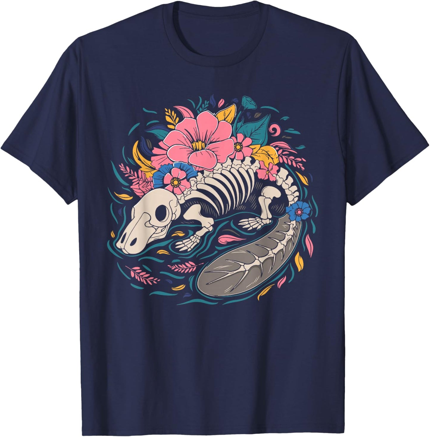 Flower Animal Platypus - Wildlife Duckbill Floral Skeleton T-Shirt - T-Shirt | Navy