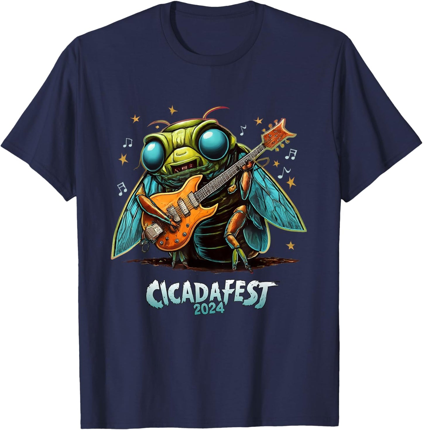 Dibble Dabble Designs Cicadas Cicada fest 2024 Guitar Playing Cicada , Small, Black T-Shirt - T-Shirt | Navy