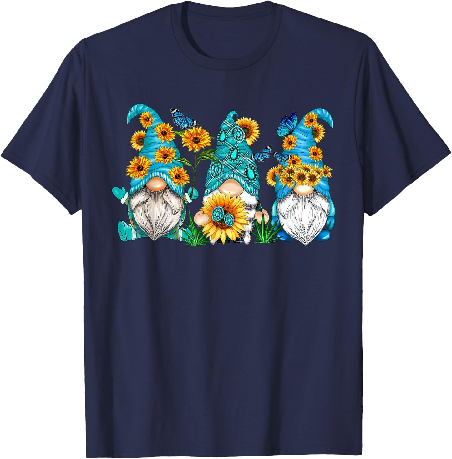 Cute Gnomes With Sunflower Butterfly Gardener Summer Floral T-Shirt - T-Shirt | Navy