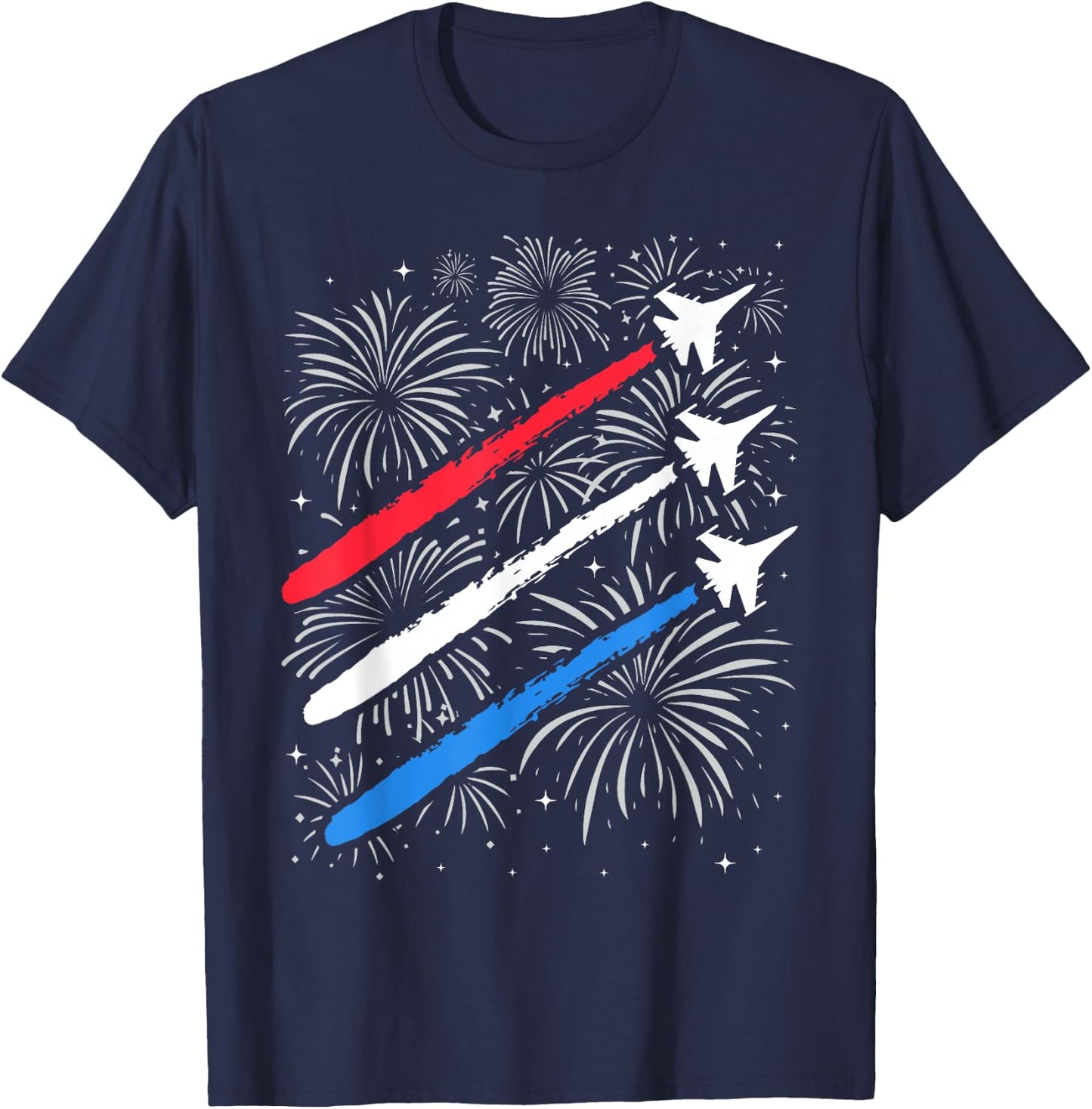 Red White and Blue Fighter Jets with Fireworks 4th of July T-Shirt - T-Shirt | Navy