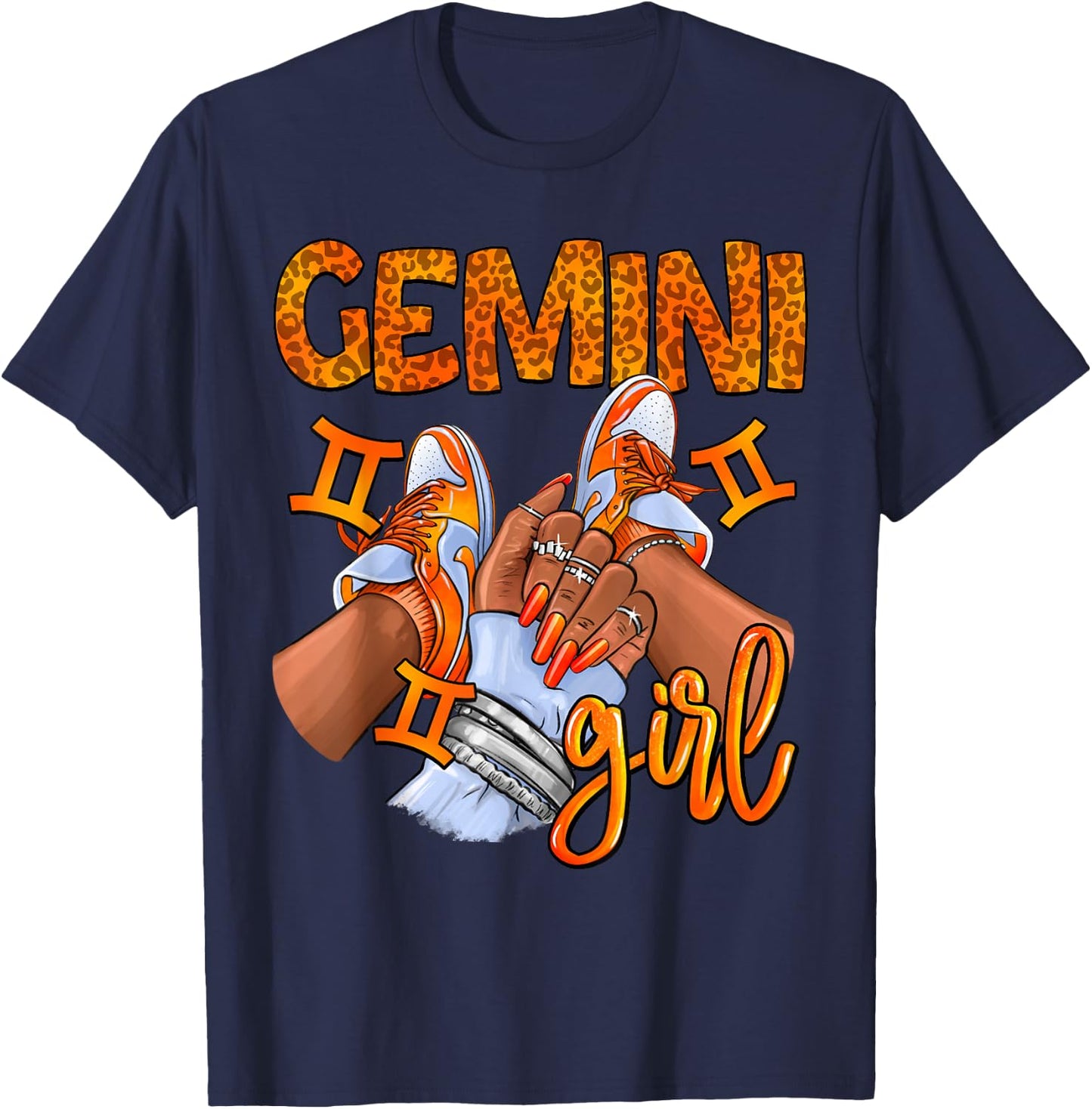 Gemini Black Girl Women Sneakers Nails Zodiac Birthday T-Shirt - T-Shirt | Navy