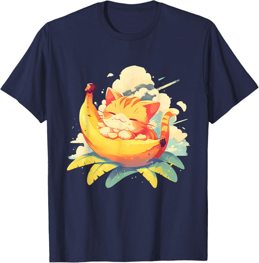 Banana Cat Colourful Artwork Banana Fruits Drawing Cute Cat Men Women Kids T-Shirt - T-Shirt | Navy