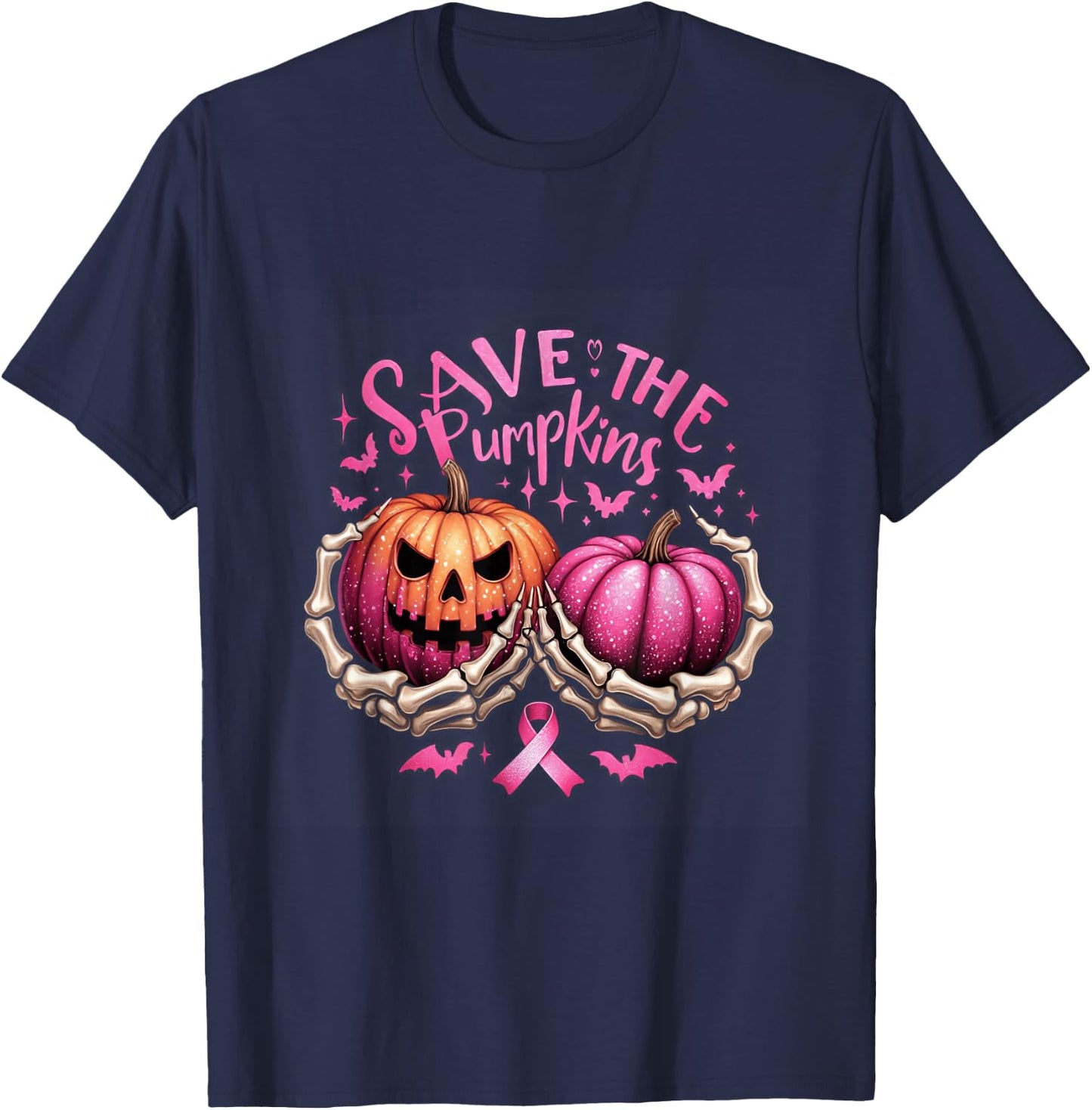 Save The Pumpkins Skeleton Halloween Breast Cancer Awareness T-Shirt - T-Shirt | Navy
