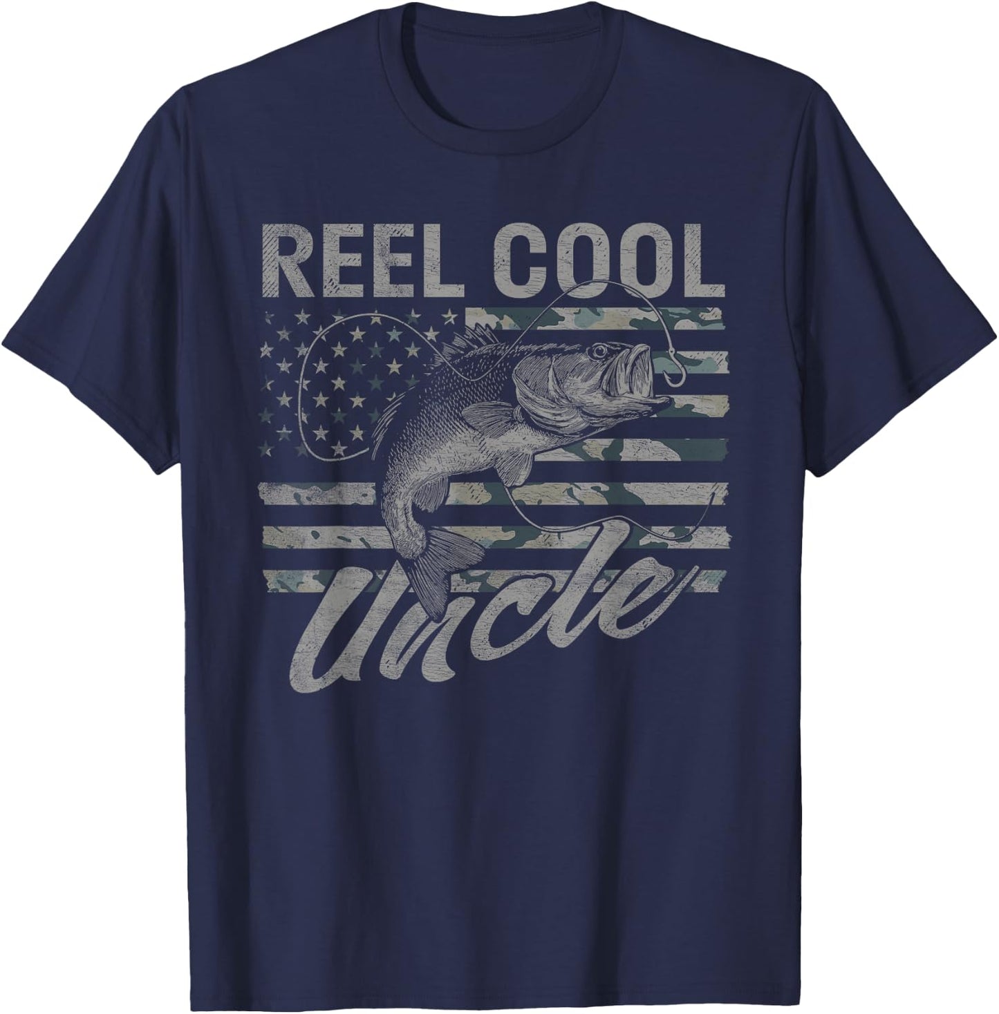 Reel Cool Uncle Camo American Flag Bass Fishing T-Shirt - T-Shirt | Navy