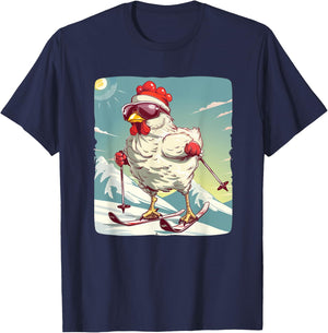 Funny Winter Chicken with Cross-country skiing Shoes Outfit T-Shirt - T-Shirt | Navy