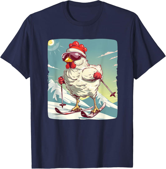 Funny Winter Chicken with Cross-country skiing Shoes Outfit T-Shirt - T-Shirt | Navy
