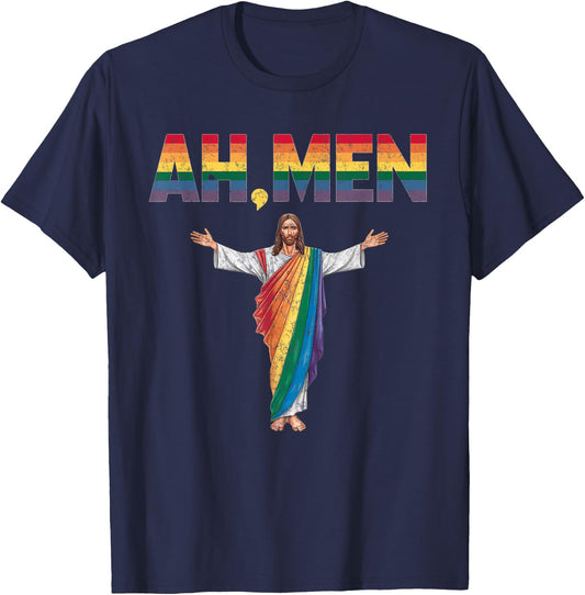 Ah-Men Funny Gay Pride Rainbow Jesus Graphic T-Shirt - T-Shirt | Navy