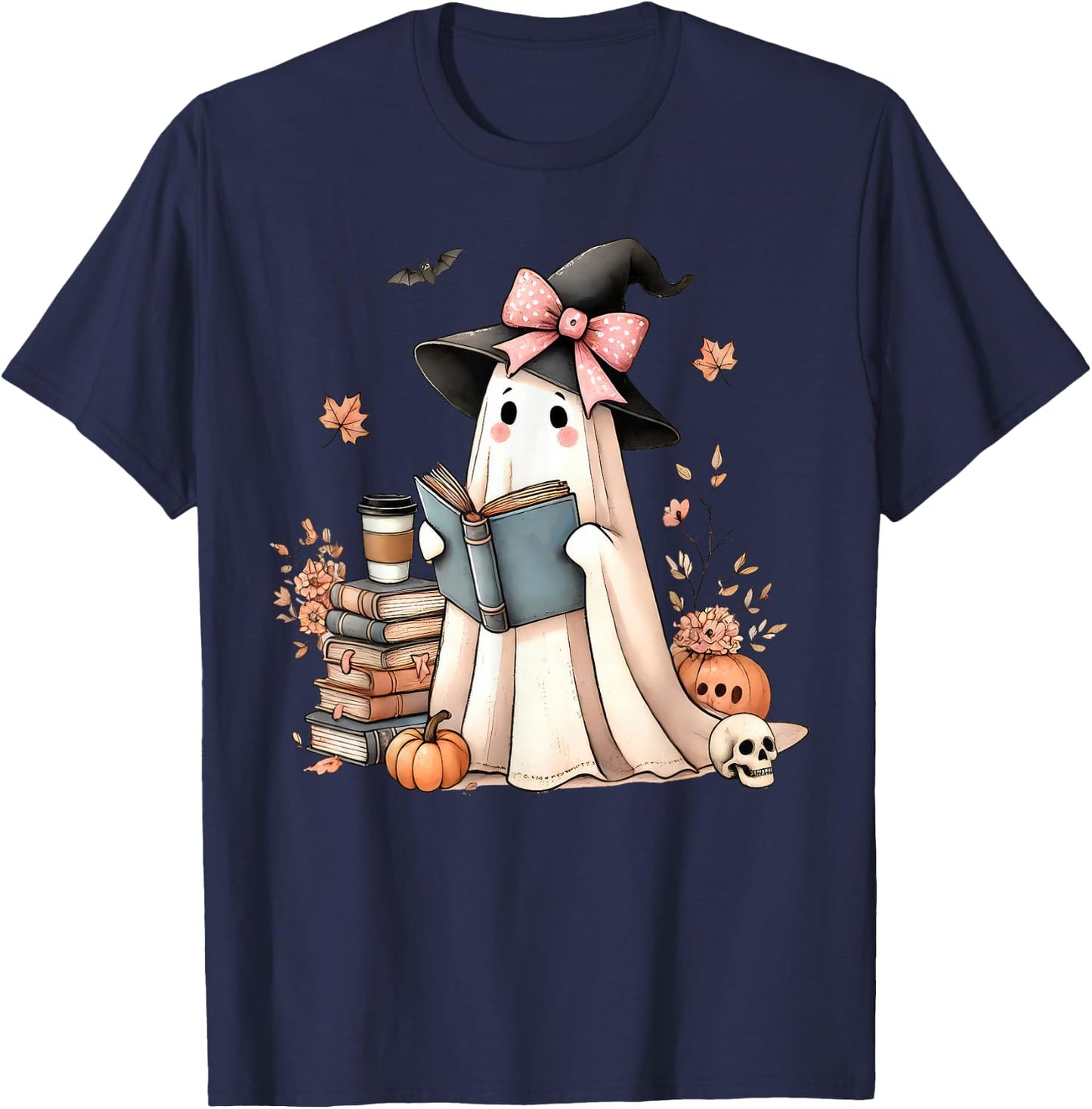 Retro Halloween Ghost Reading Books Teacher T-Shirt - T-Shirt | Navy