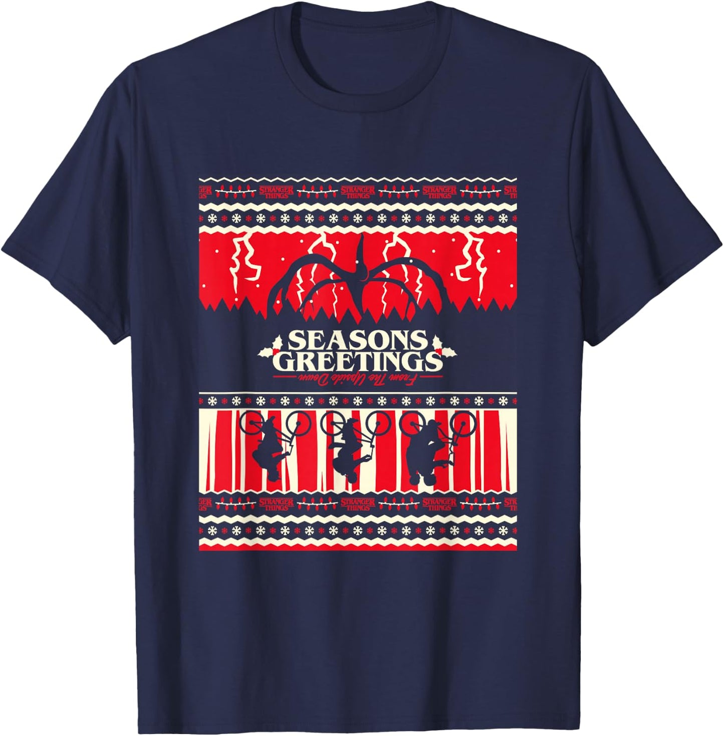 Stranger Things Christmas Seasons Greetings Upside Down Logo T-Shirt - T-Shirt | Navy