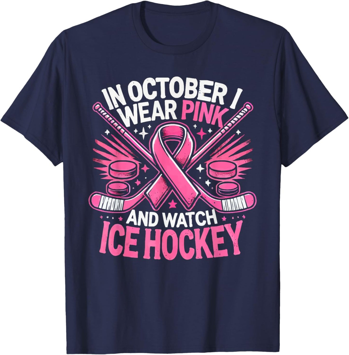 Ice Hockey Breast Cancer Awareness Month Pink Ribbon T-Shirt - T-Shirt | Navy
