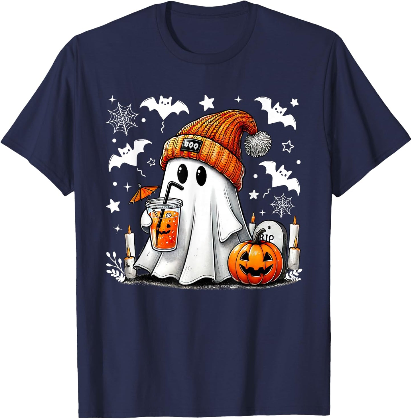 Cute Ghost Drinking Coffee Halloween Ghost Coffee T-Shirt - T-Shirt | Navy