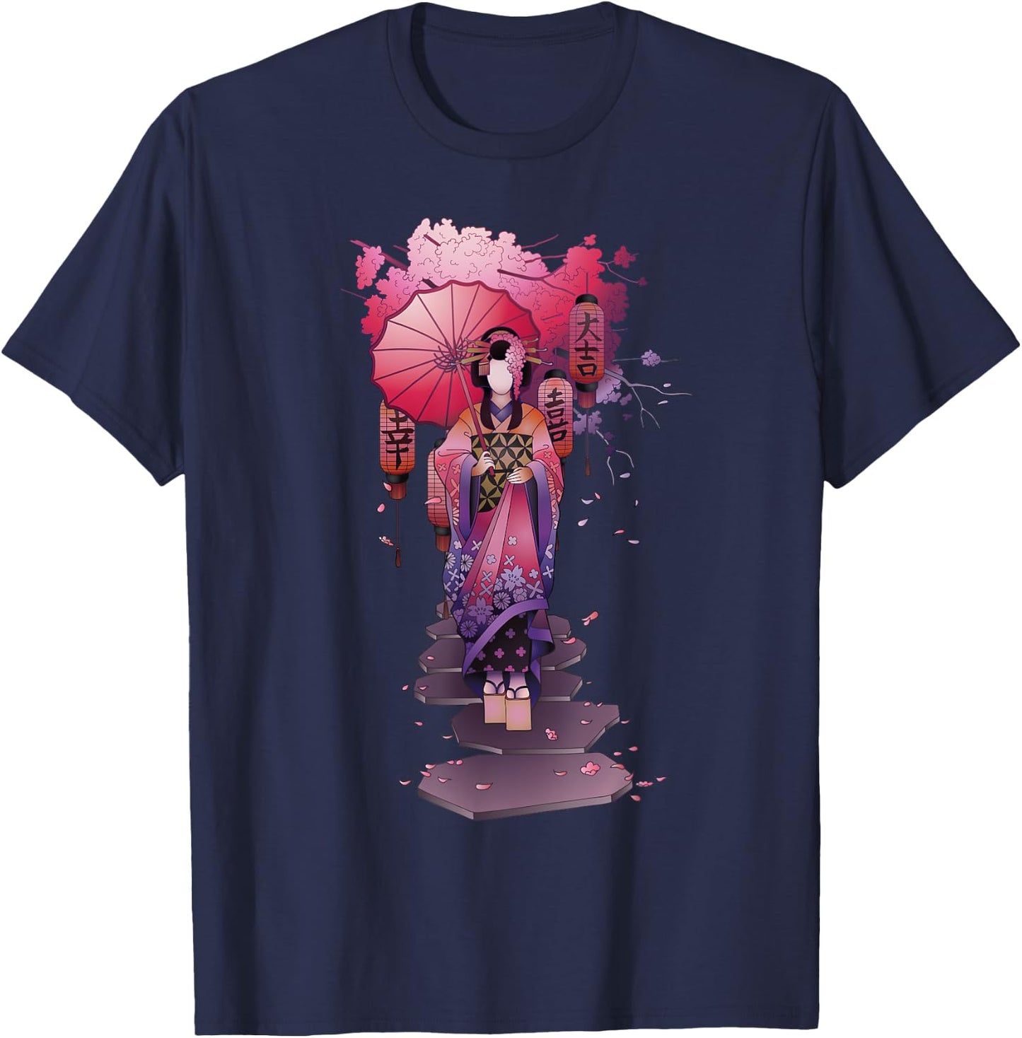 Vintage Japanese Kawaii Geisha Girl in Kimono Japan Art T-Shirt - T-Shirt | Navy