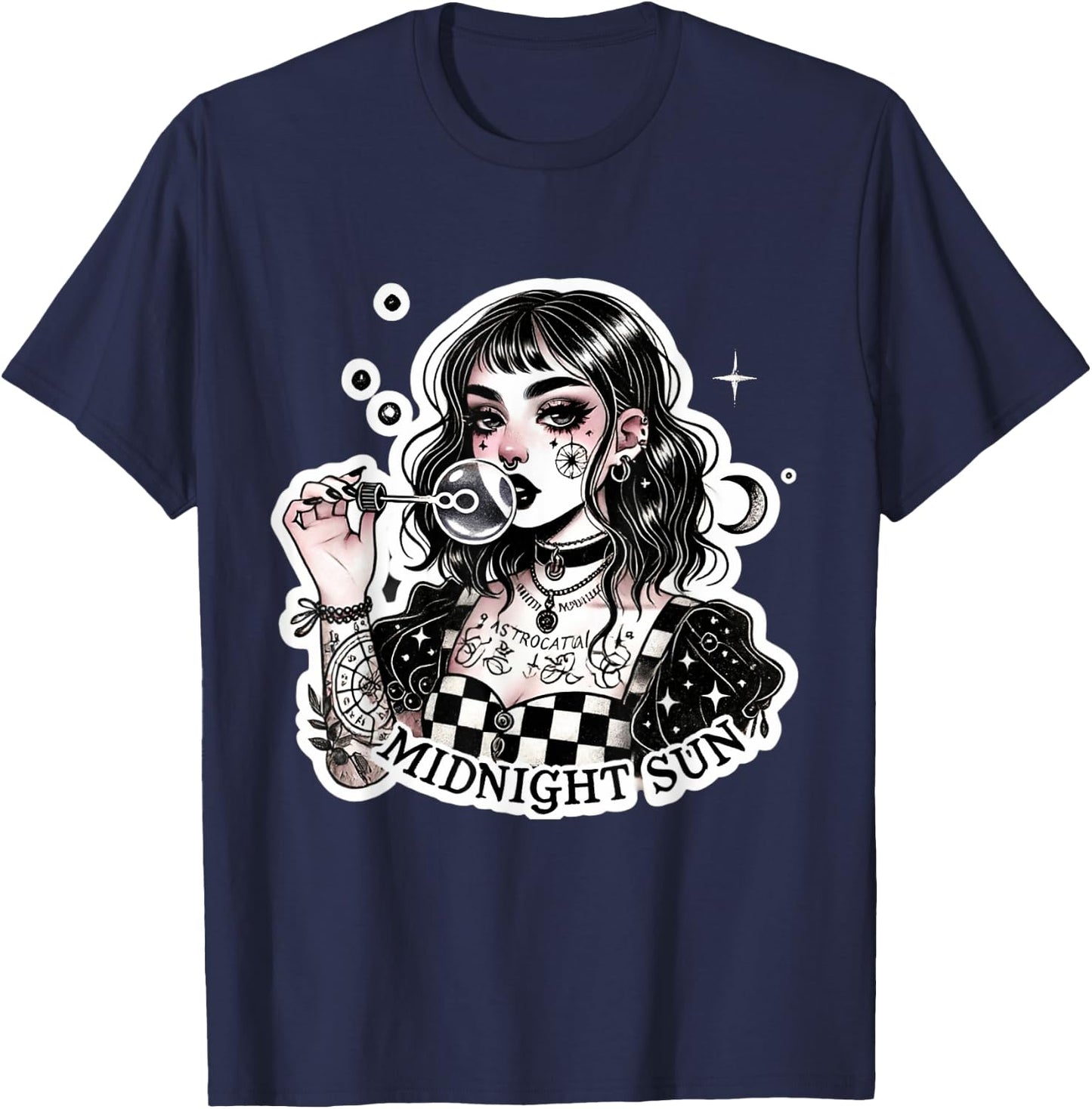 Cute Tattooed Goth Girl with Soap Bubbles Grunge Punk Egirl T-Shirt - T-Shirt | Navy