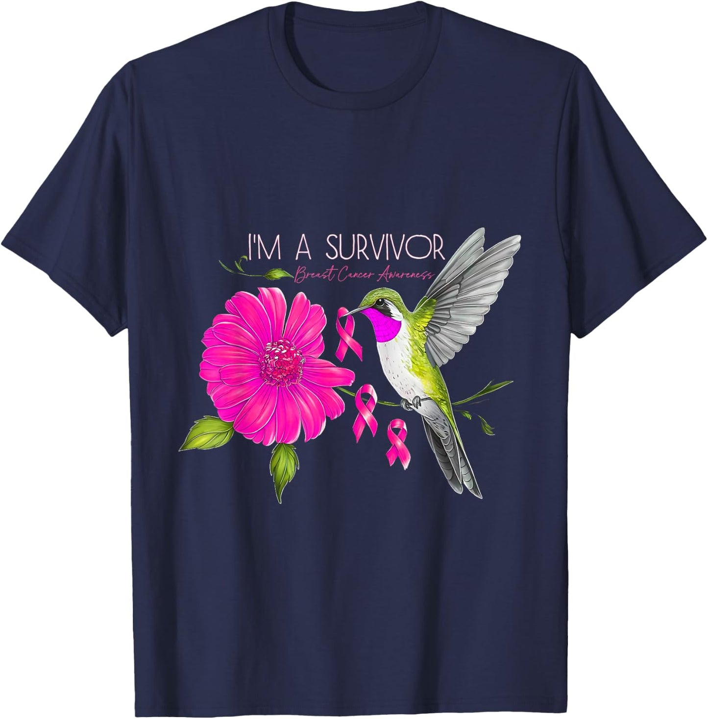Hummingbird Sunflower I'm A Survivor Breast Cancer Awareness T-Shirt - T-Shirt | Navy