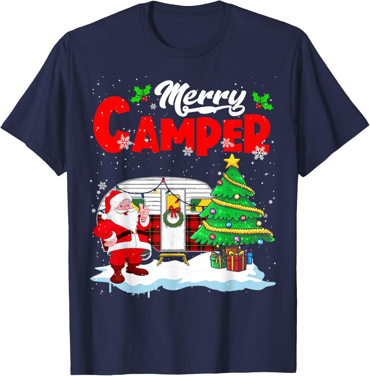 Merry Camper Christmas Santa Camper Camping Truck Red Plaid T-Shirt - T-Shirt | Navy
