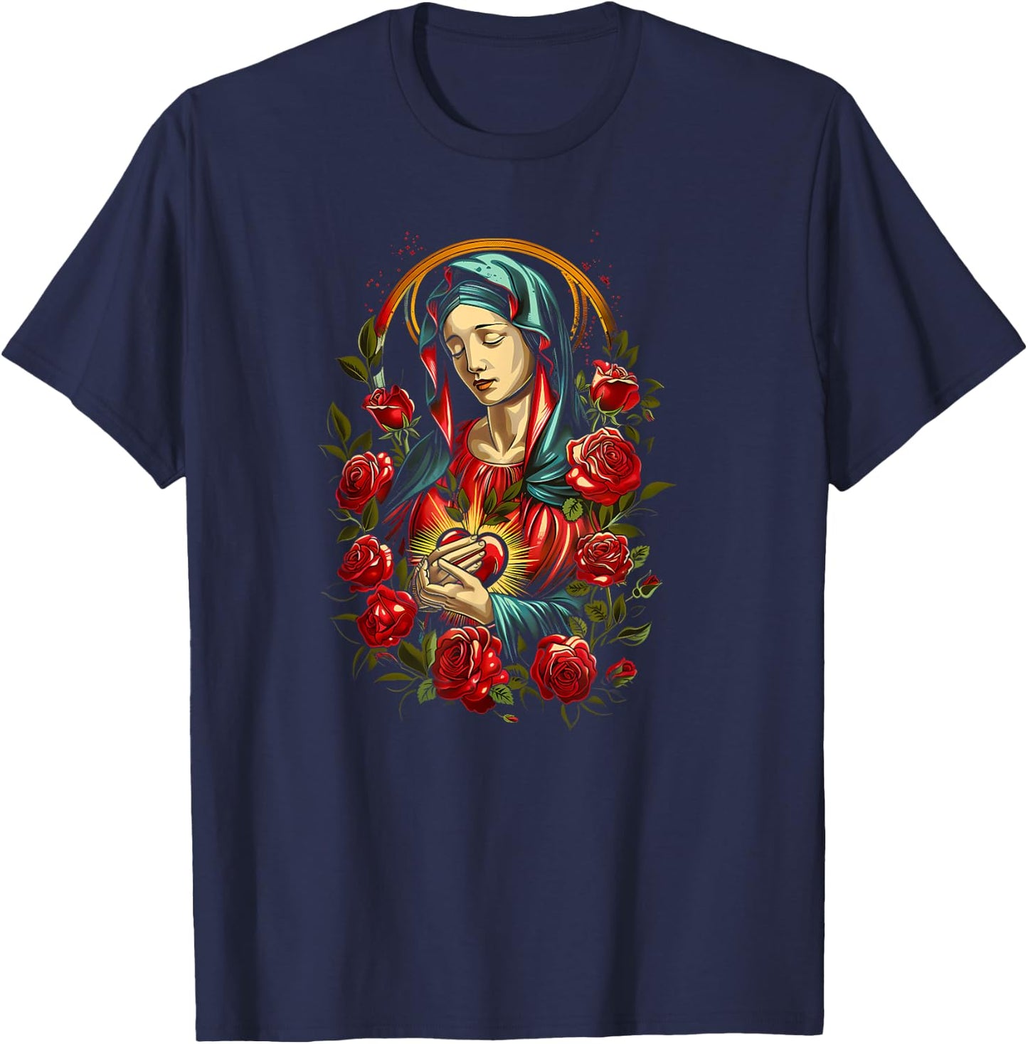 Mary Mother of God Heart of Virgin Art Deco Style Catholic T-Shirt - T-Shirt | Navy