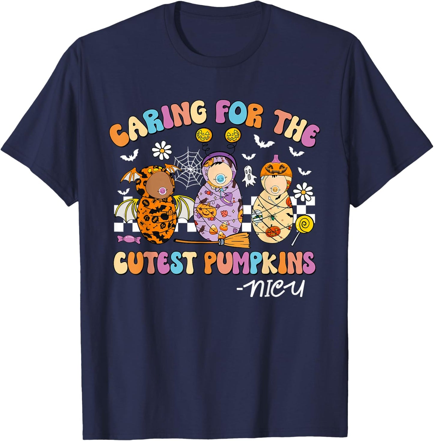 Retro Caring for The Cutest Pumpkins NiCU Nurse Halloween T-Shirt - T-Shirt | Navy