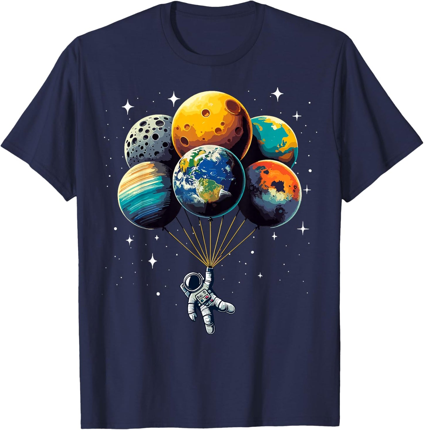 Astronaut Holding Planet Balloons Kids Solar System Space T-Shirt - T-Shirt | Navy