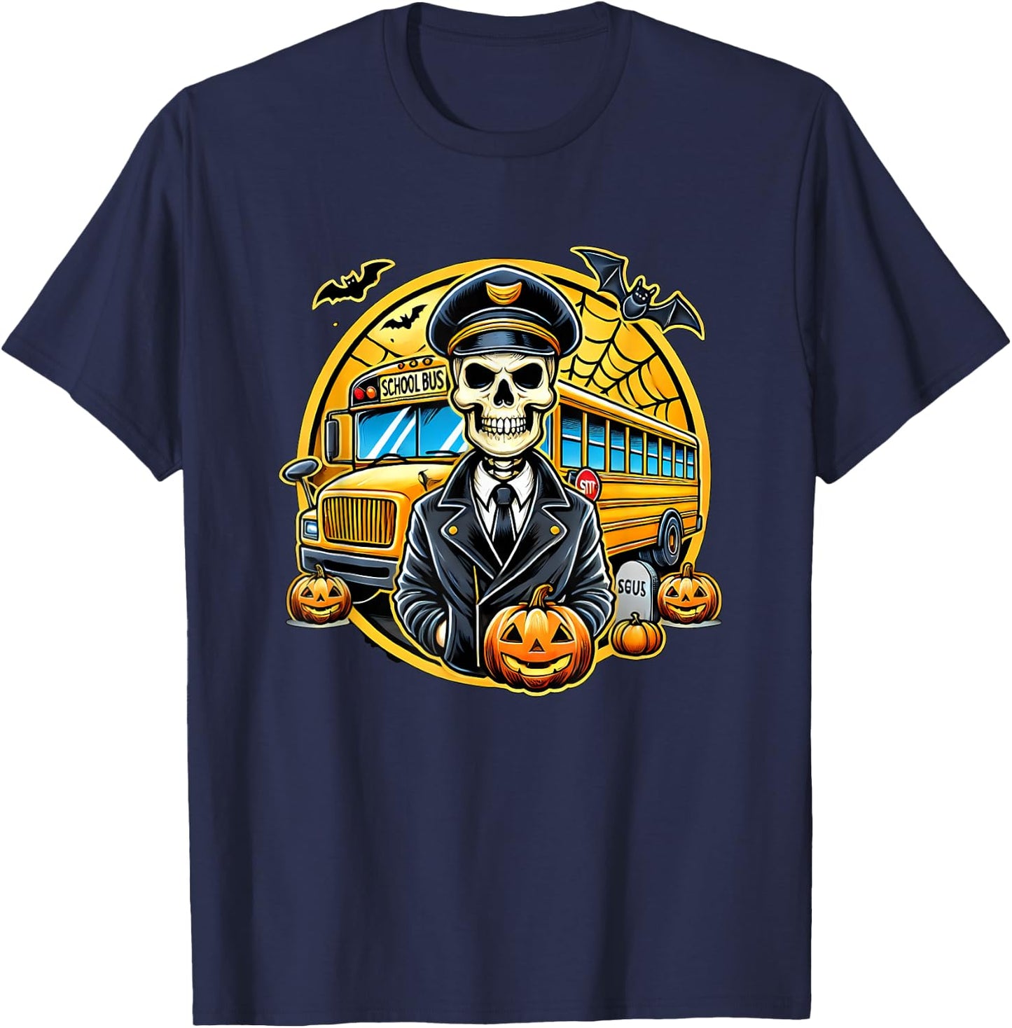 Halloween Skeleton School Bus Driver T-Shirt - T-Shirt | Navy