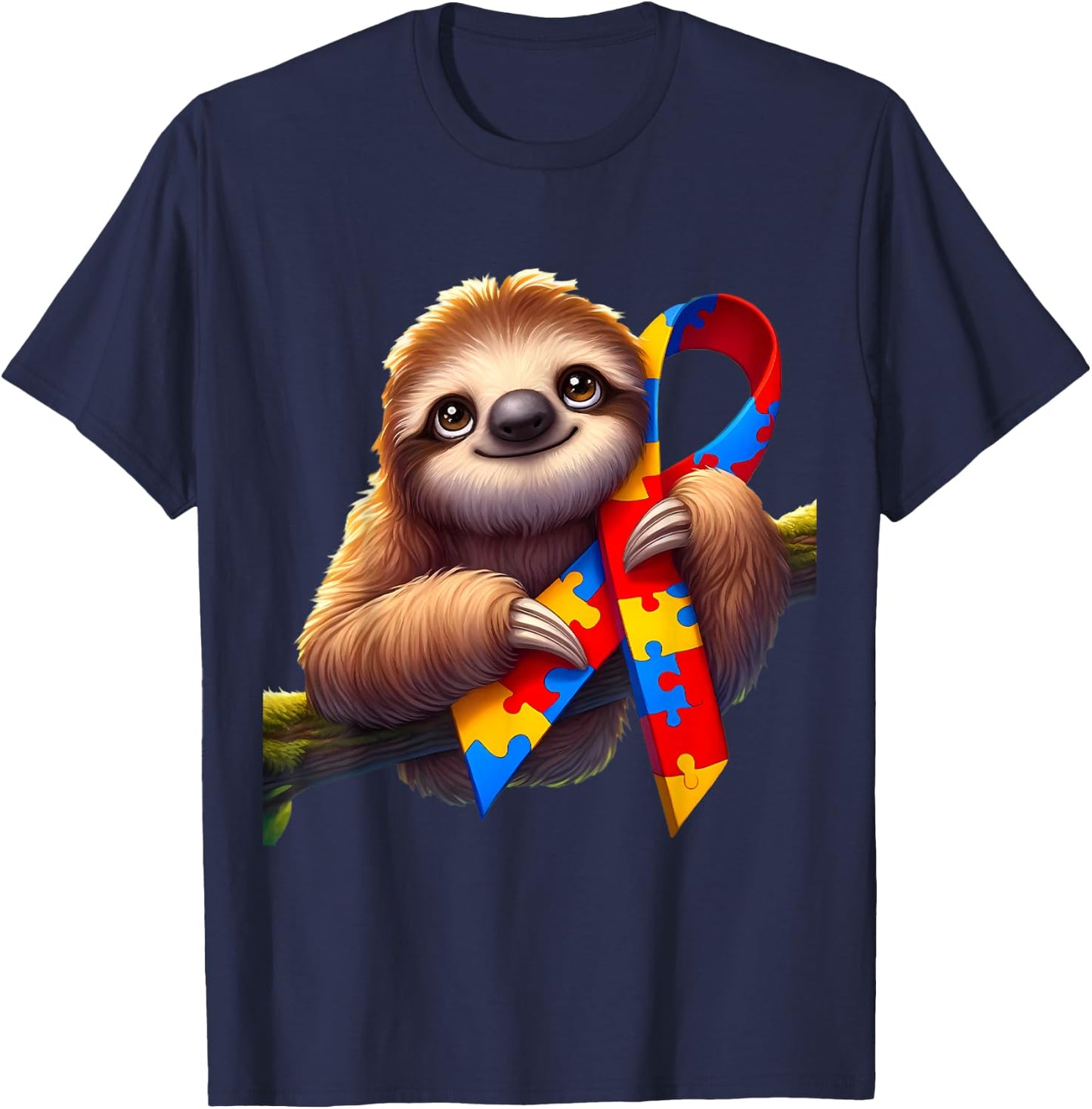 Autism Awareness Cute Sloth Yellow Red Blue Animal Ribbon T-Shirt - T-Shirt | Navy