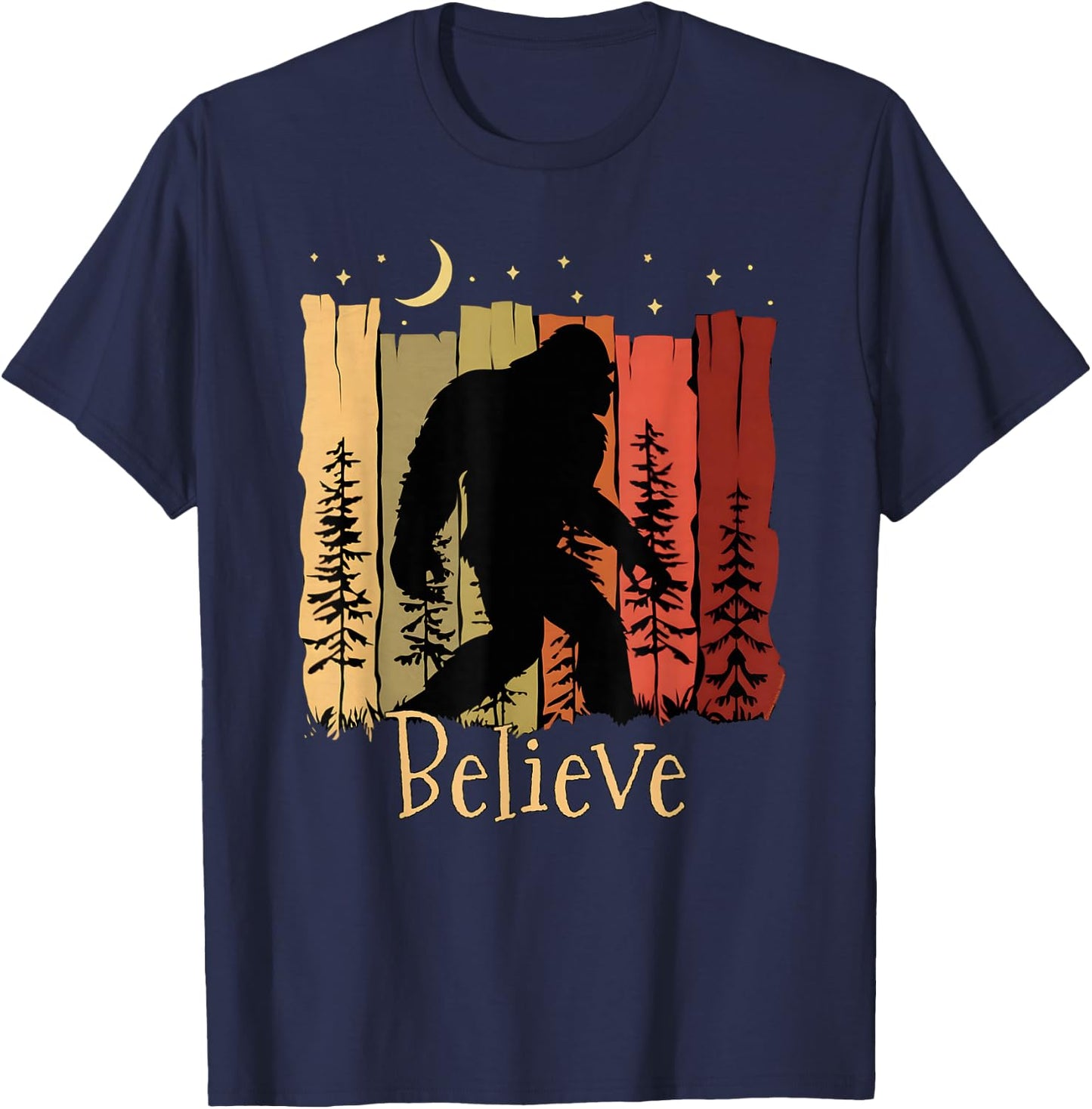 Bigfoot with Trees Moon Stars Sasquatch Believe Bigfoot T-Shirt - T-Shirt | Navy