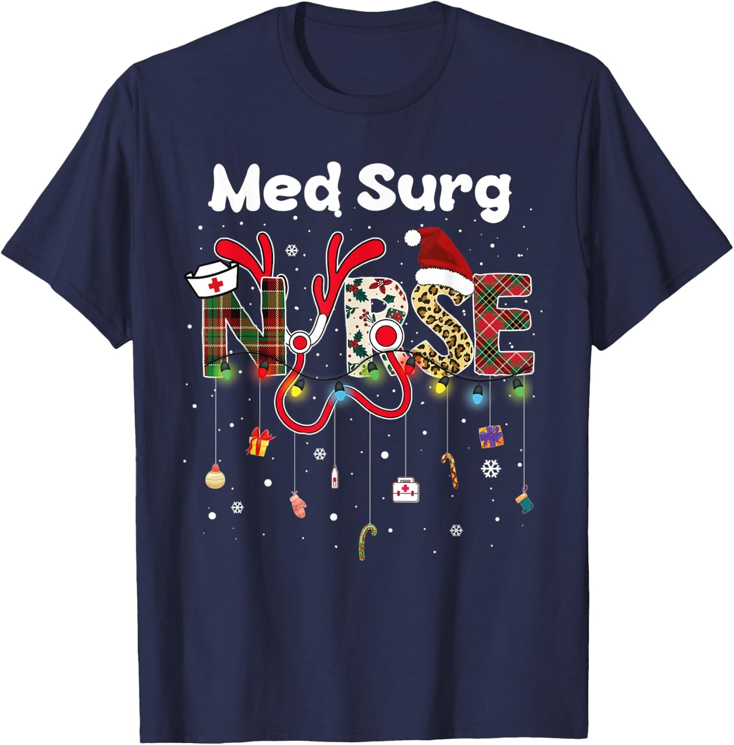 Med Surg Nurse christmas santa hat nursing X-Mas Pajama T-Shirt - T-Shirt | Navy