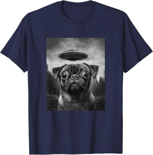 Funny Alien Pug Selfie with UFO T-Shirt - T-Shirt | Navy