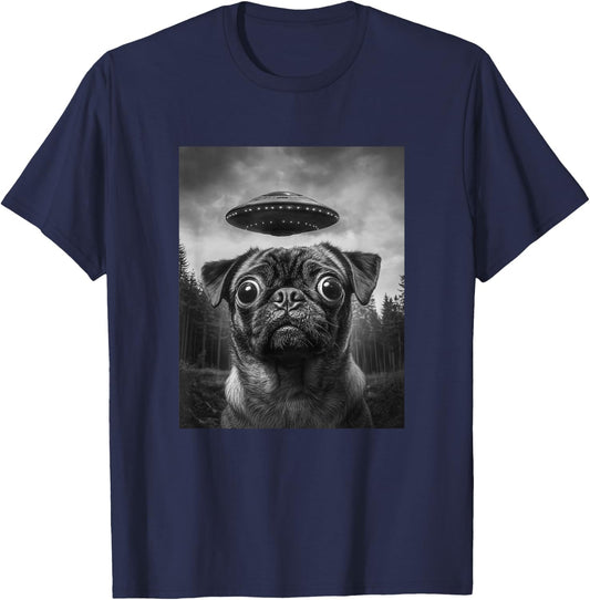 Funny Alien Pug Selfie with UFO T-Shirt - T-Shirt | Navy