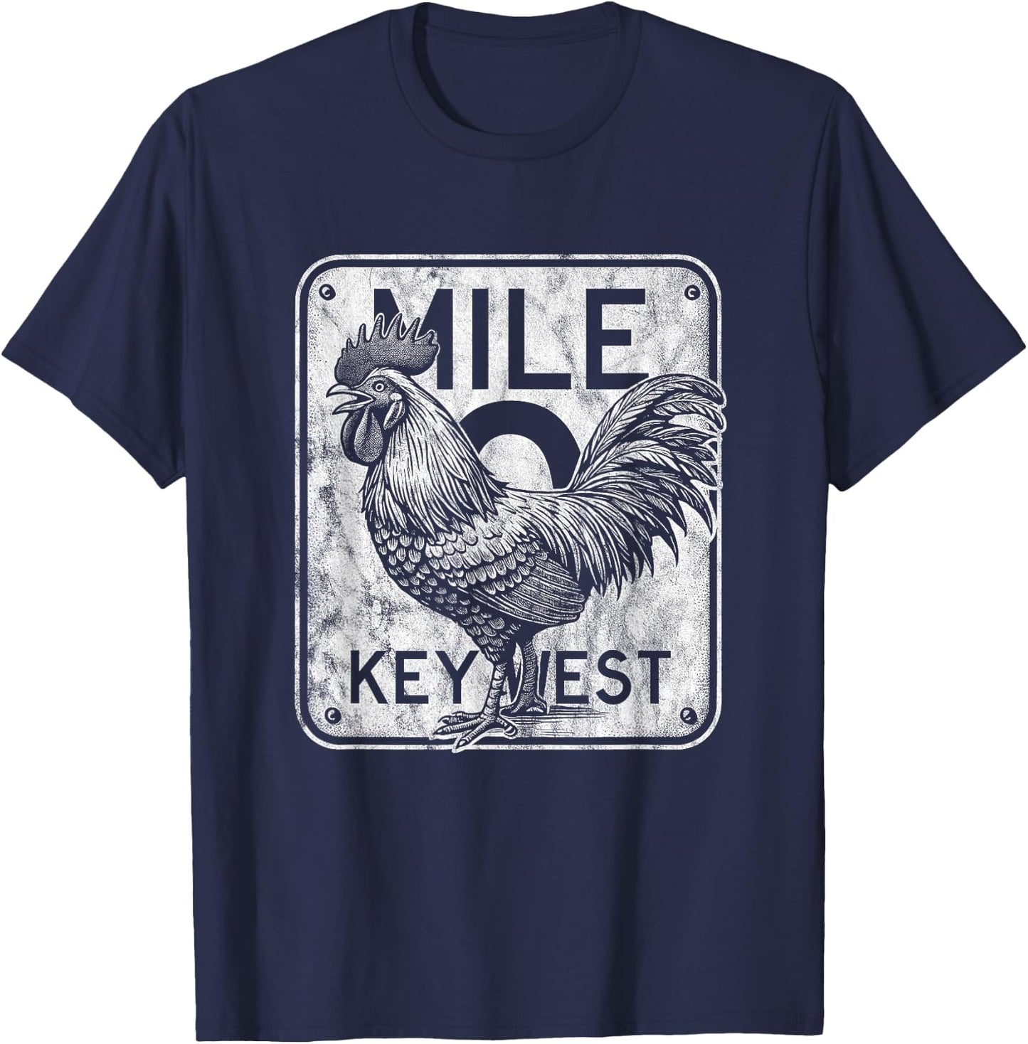 Key West Florida Chicken Retro Mile 0 Rooster Distressed T-Shirt - T-Shirt | Navy