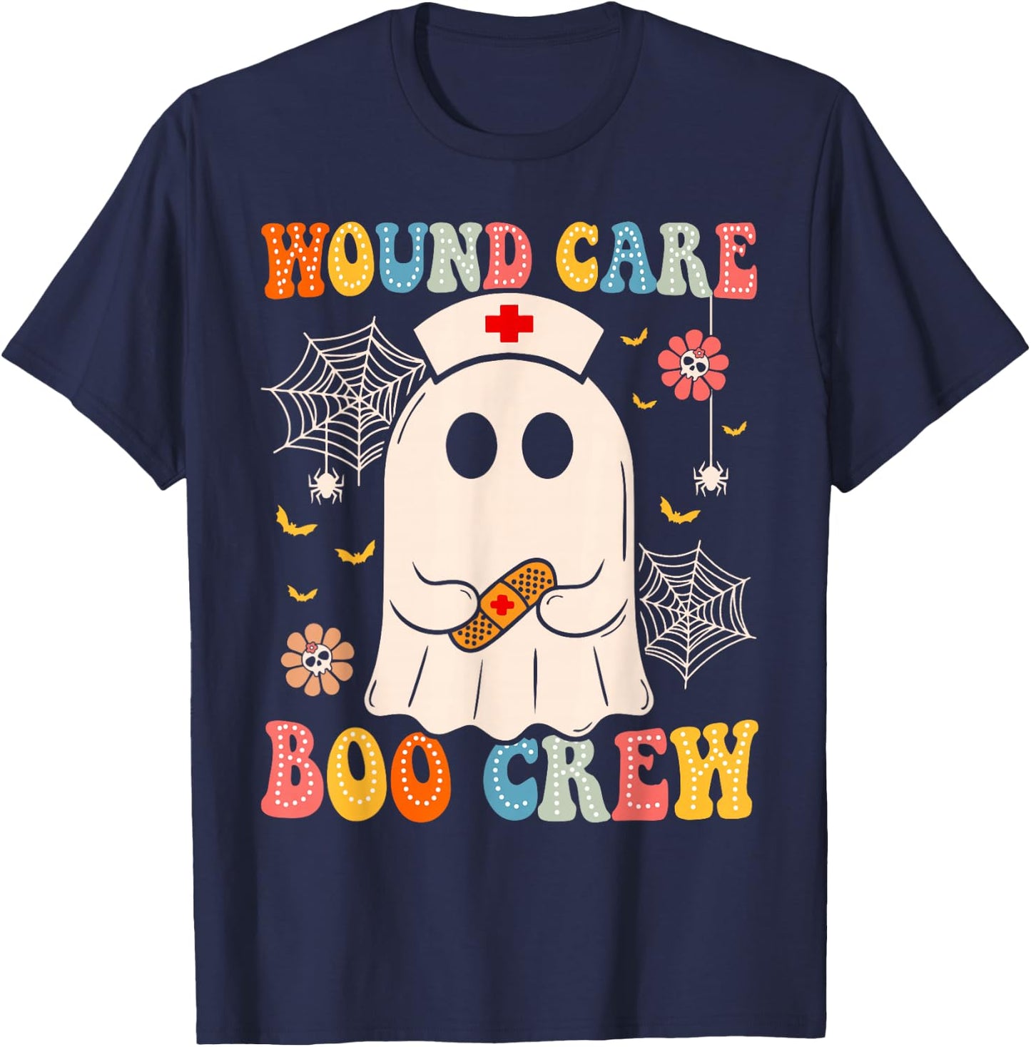 Groovy Wound Care Boo Crew Nurse Funny Ghost Halloween Nurse T-Shirt - T-Shirt | Navy