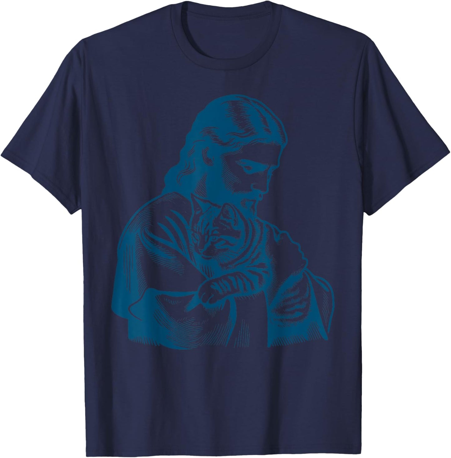 Funny Vintage Jesus Holding A Cat Retro 90s Christian T-Shirt - T-Shirt | Navy