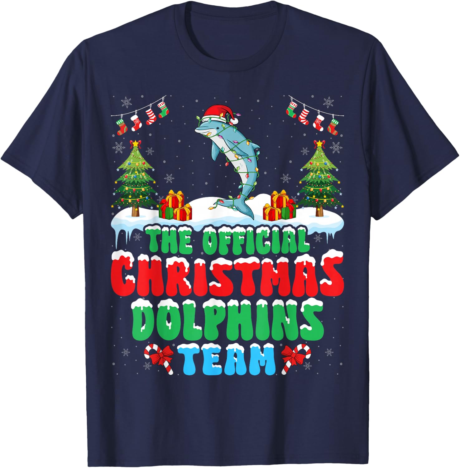 Christmas Dolphins Team - Dolphins Wearing Santa Hat Xmas T-Shirt - T-Shirt | Navy