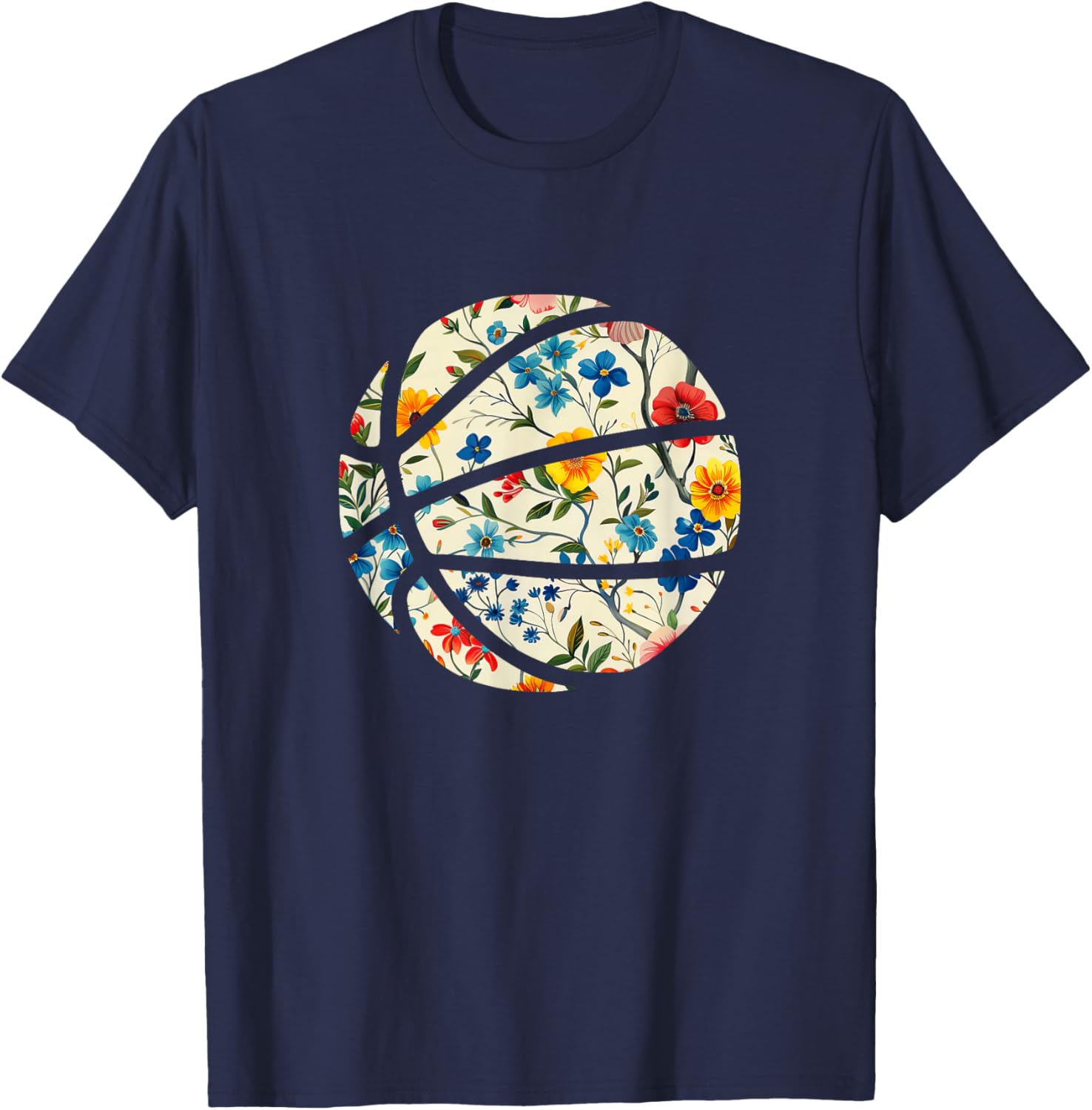Basketball Silhouette Flowers Botanical Floral T-Shirt - T-Shirt | Navy