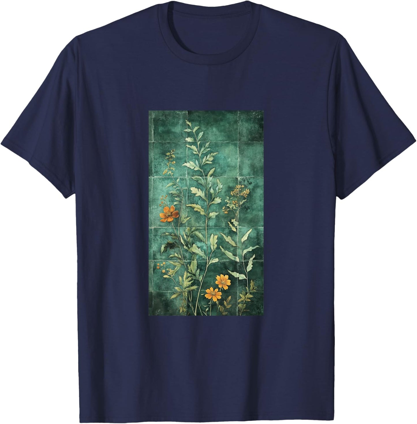 Vibrant Mosaic Tiles Floral Botanical Floral T-Shirt - T-Shirt | Navy