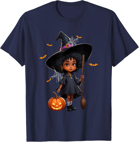 African American Black Girl Cute Witch Halloween Pumpkin T-Shirt - T-Shirt | Navy